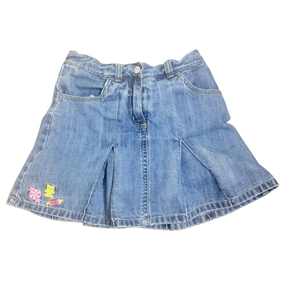 Gymboree Girls Size 8 Blue Denim Pleated Skirt Embroidered Candy Button